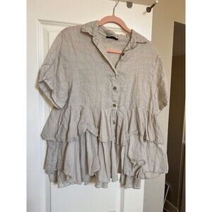 Studio Linen And Cotton Stone Colored Top With Two Tier Flounce Size XL